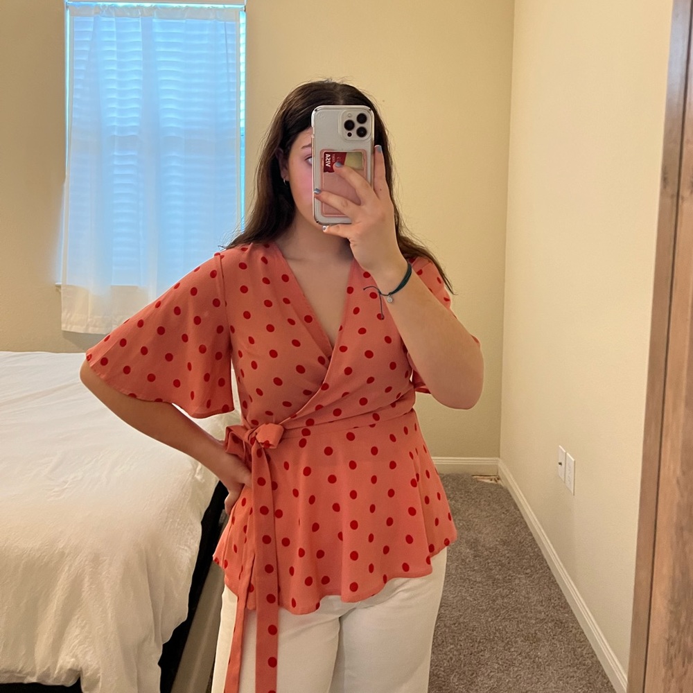 Pink & red polka dot blouse. Perfect for Valentines Day!